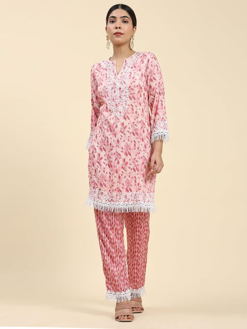 Samma Chikankari Co-ord set in Cotton for Women- Peach
